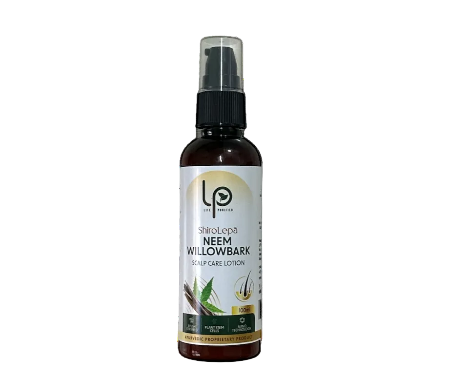Bottle of ShriLepa Neem Willowbark Scalp Care Lotion on a white background